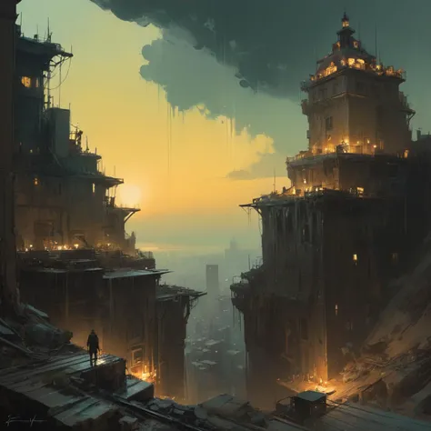 (stylized by Jeremy Mann:1.3) and (Peter Mohrbacher:0.9) and (Ross Draws:0.9) , [Abstract, 8k, Miniaturecore, landscape of a Astonishing ([Kiev:The Island of Circe:5]:1.1) from inside of a Fort, Stars in the sky, Regret, Rembrandt lighting, 35mm, Warm Colo...