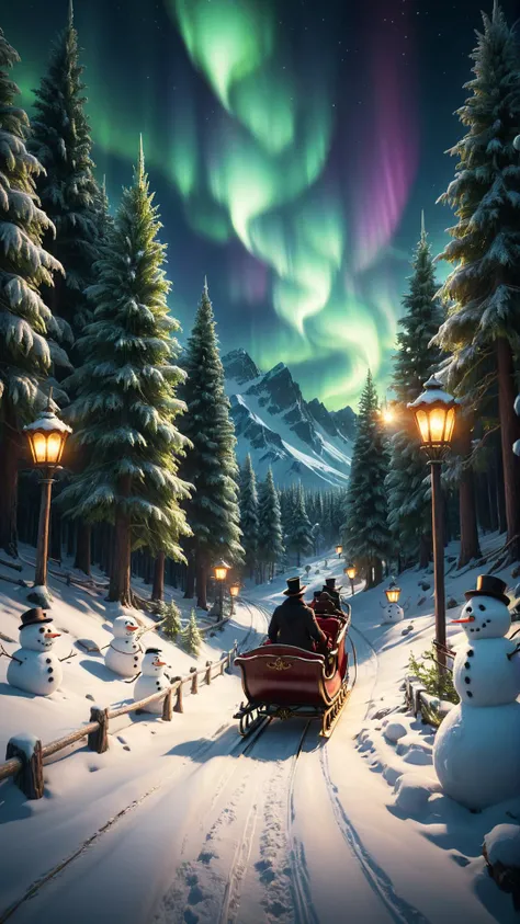 ethereal fantasy concept art of  {(A starlit sleigh ride through an evergreen forest, where snowmen came to life, guiding joyful carolers. Northern lights adorned the sky, casting a magical glow over a festive Christmas Eve:1.4), centered, symmetrical, in ...