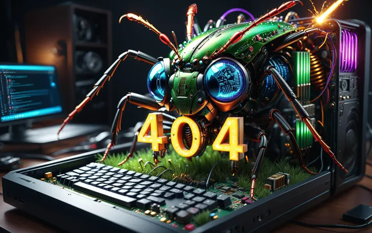 The text "404" is displayed in the upper left corner, A bug made of electronic components, inside a computer case, eating computer components, with sparks and led lights, ultra hd, realistic, vivid colors, highly detailed, UHD drawing, pen and ink, perfect...