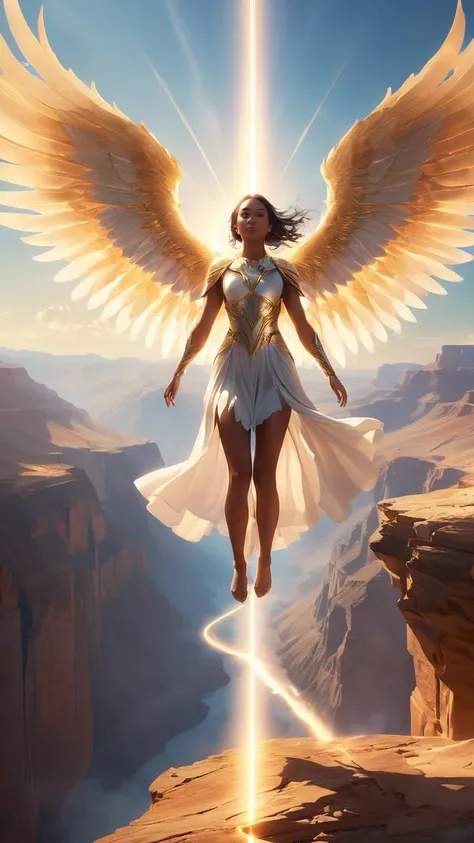 Cinematic shot of a human with wings made of light, levitating above a vast canyon, 5k resolution, dynamic composition, hyperdetailed, sun rays filtering through, giving an ethereal glow, capturing the essence of fantasy and reality blending seamlessly