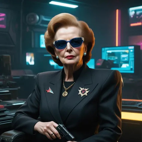 Margret Thatcher in a surrealist Cyberpunk 2077 world