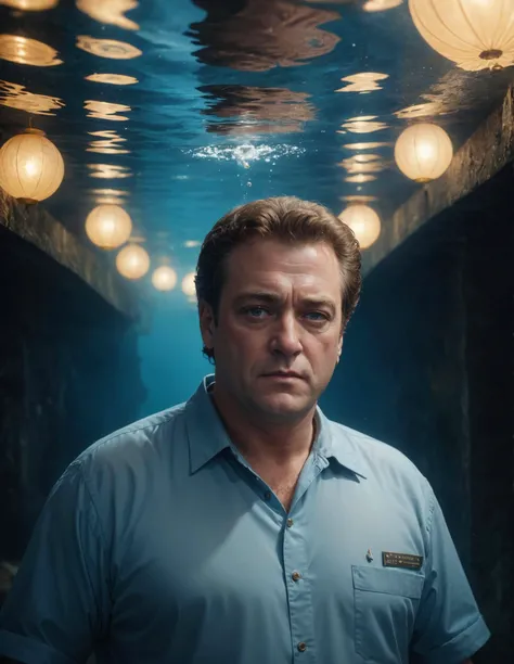 breathtaking John Goodman is underwater in Sao Tome and Principe, low key at an underground party, casual clothing, pastels, Ektachrome, Romantic, Realism, flat lighting, gilded technique, DOF, bokeh  Yoshiyuki Tomino and by Masamune Shirow and by Cao Luni...