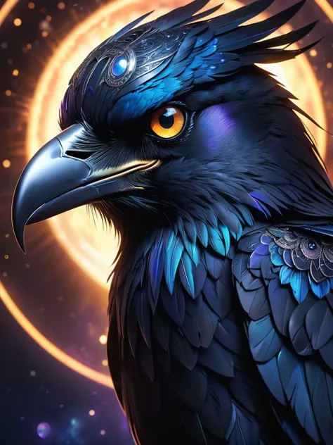 handsome  cosmic raven god  looking_at_viewer, fierce, martial tatoo, light glowing sparkling eyes, scary, nightmare, piercing gradient_background, 8k,highly detailed,digital photography,masterpiece,sidelighting, 
finely detailed beautiful eyes,hdr,realist...