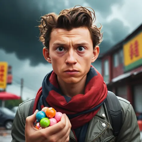 3D Rendering, vector illustration, Octane render of a broad-shouldered Thai (Tom Holland:1.2) , he is Exhausted, eating gumball, 1600S hair styled as Fauxhawk, Tom Holland has a Mennonite Navel and Scarf, inside a [Average:Dazzling:8] Belgrade, Stormy weat...