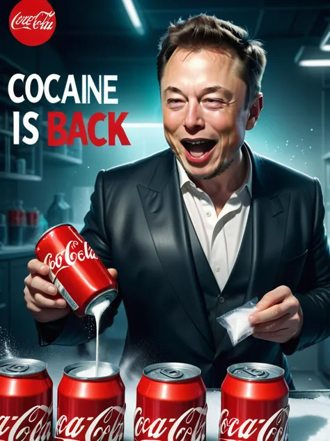 Elon Musk is putting cocaine back in coca-cola, movie title says cocaine is back, stylized letters, pouring cocaine into the can, laboratory, laughing, crying laughter, tears, cheering, celebrating,  photorealistic, 8k hdr, studio quality, soft depth of fi...