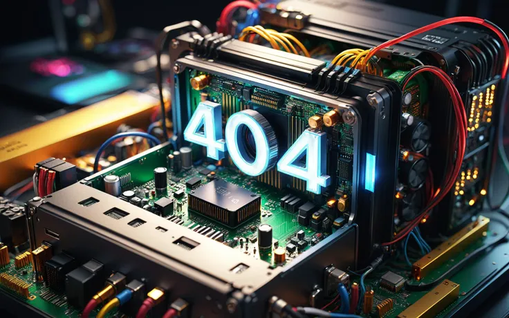 The text "404" is displayed in the upper left corner, A bug made of electronic components, inside a computer case, eating computer components, with sparks and led lights, ultra hd, realistic, vivid colors, highly detailed, UHD drawing, pen and ink, perfect...