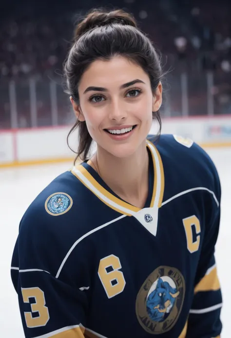 Velvet athletic Audrey Tautou, Playing Icehockey, Magical hair styled as Man bun, laughing uncontrollably super funny ,, medium shot centered pose shallow dof soft focus portrait Gai Qi and by Edi Rama