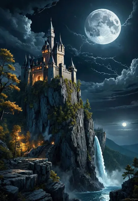 Digital art A castle standing on the edge of a cliff above the forest, fierce, howls to moon, powerful, rage, divine, magnificent, perfect body, fantastic view, storm, high waterfall, night, starry sky, masterpiece, best quality, smooth horizon, concept ar...