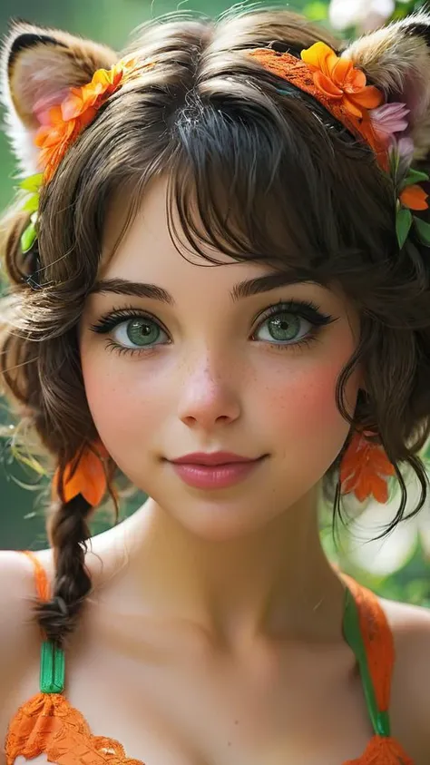 cute brunette tiger girl, fluffy ears, pink cheeks, gentle smile, orange lace underwear, perfect eyes, green eyes