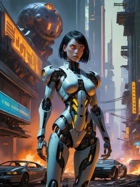 official art, 4k, photography, (cyberpunk biotic neon city on fire, flying spaceships:1.4), (biotic robot girl with dead eyes, massive city destruction by robots, floating cars:1.45), (cyberpunk style:1.4), (art by J.C. Leyendecker:1.2)