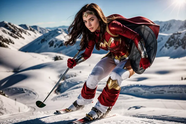 dc movies,full body,from below,photo of a 18 year old girl,wonder woman,skiing,happy,ray tracing,detail shadow,shot on fujifilm ...