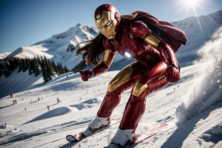 marvel movies,full body,from below,photo of a 18 year old girl,ironman,skiing,happy,ray tracing,detail shadow,shot on fujifilm x...