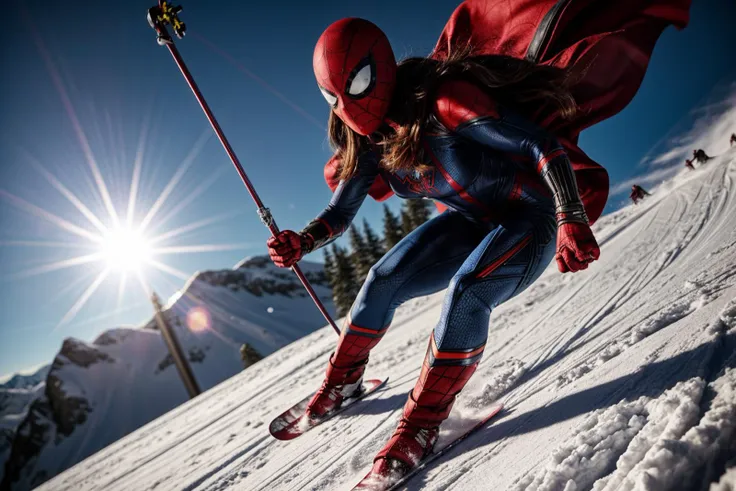 marvel movies,full body,from below,photo of a 18 year old girl,spiderman,skiing,happy,ray tracing,detail shadow,shot on fujifilm...