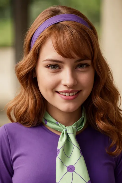 photograph of (daphne-v2:1.3), <lora:DAPHNE-V2:0.7>, || ((purple eyes, ginger hair)), (purple long sleeve dress), pink stockings, purple headband, (green handkerchief:1.3), cute smile, looking at camera, crystal clear, 8K UHD, highly detailed, glossy eyes,...