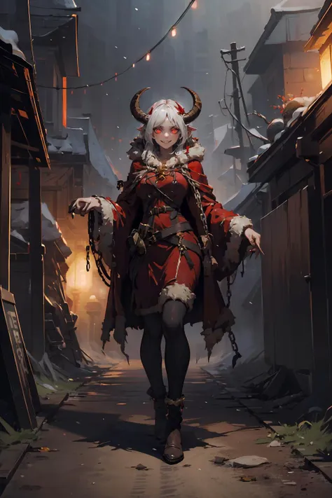 a woman in a red coat and horns walking down a street