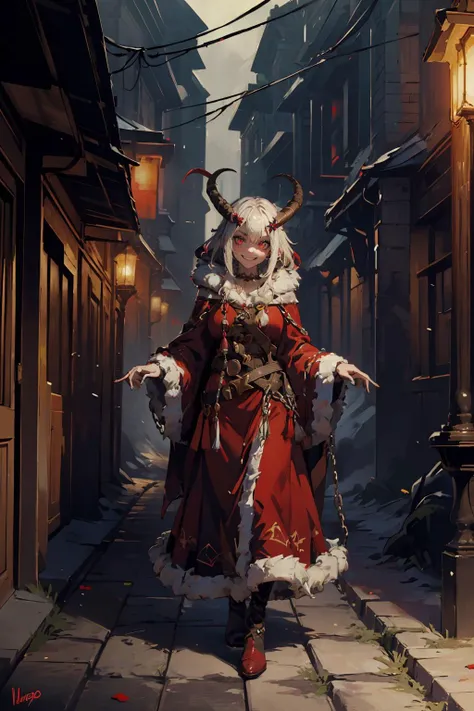 a woman in a red coat and white fur coat walking down a street