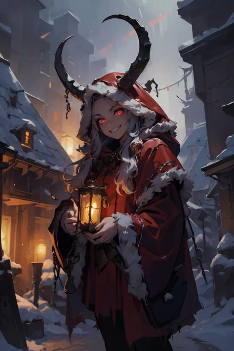 (masterpiece, best quality, highres, high resolution:1.2), extremely detailed, intricate details, 1girl, solo, looking at viewer,  <lora:krampus2023:0.7> krampus2023, evil grin, glowing eyes, horns, chains, red cloak, (cinematic lighting, bloom, volumetric...