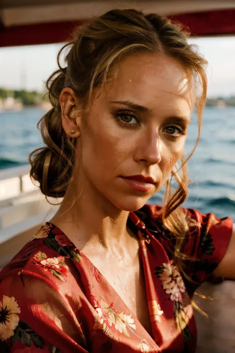 RAW, real photo portrait, jlh, on a boat, (wearing a wet red floral dress), pretty face, insanely detailed eyes, light blonde hair, high ponytail, bokeh, natural light, depth of field, golden hour, sharp focus <lora:JenniferLoveHewitt-RealVision-V1.0:1>