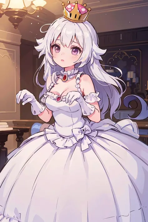 (masterpiece, best quality), 1girl,  <lora:Boosette_Mario_Anime:1> Boosette_Mario, 1girl, long hair, white hair, long white dress, ballroom dress, white gloves,