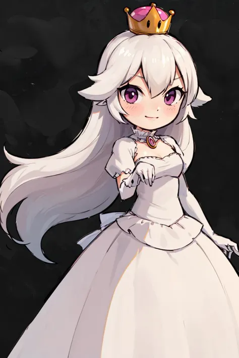 <lora:Style_of_the_Winds:0.8>, , ((masterpiece,best quality)), absurdres, <lora:Boosette_Mario_Anime:0.9>, Boosette_Mario, 1girl, long hair, white hair, long white dress, ballroom dress, white gloves,  solo, smiling, blushing, looking at viewer, cowboy sho...