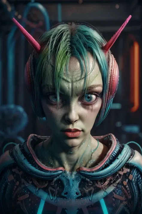 a woman with green hair and horns in a futuristic space setting