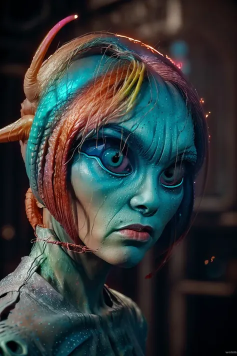 a woman with colorful hair and makeup looks at the camera