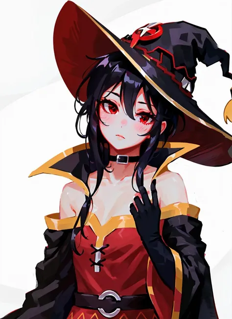 doyora, megumin, 1girl, bare shoulders, black cape, black gloves, black hair, blush, cape, choker, collarbone, dress, hair between eyes, hat, long sleeves, looking at viewer, medium hair, off-shoulder dress, off shoulder, red dress, red eyes, sidelocks, s...
