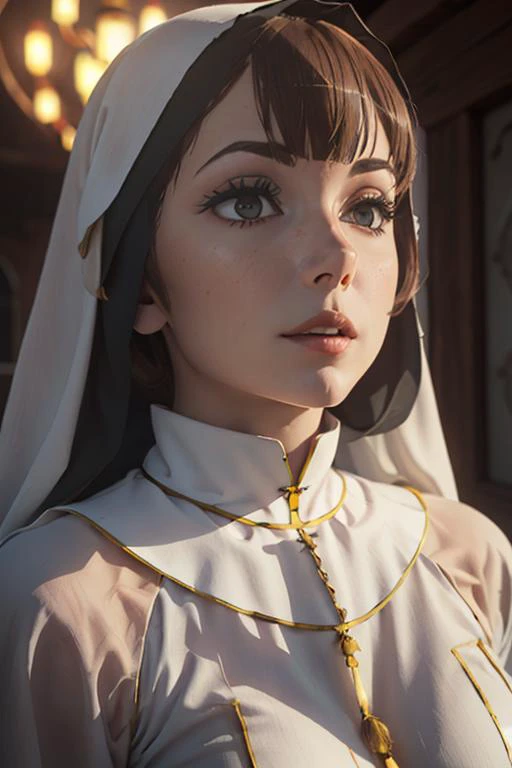 (realistic), lustrous skin, 3d face, highres, masterpiece, perfect ligthing, bloom, cinematic lighting, perfect skin, <lora:danmachiGirlpackLora_01:0.6> tione,, female,(, depth of field, pov, from below, wearing  <lora:Nun-08:0.8>  nunomi ((clothes writing...