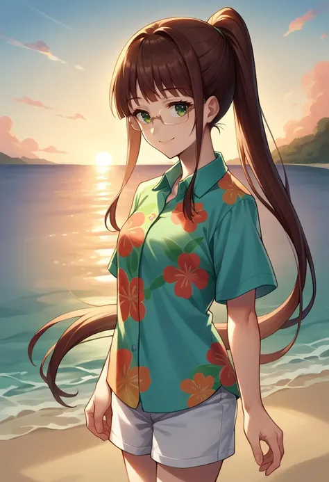 score_9, score_8_up, source_anime, 1girl, RuriMiyamoto, brown hair, bangs, very long hair, ponytail, green eyes, glasses, hawaiian shirt, dress shirt, multicolored shirt, white shorts, smile, outdoors, beach, sunset, smile, warm lighting, backlighting, <lo...