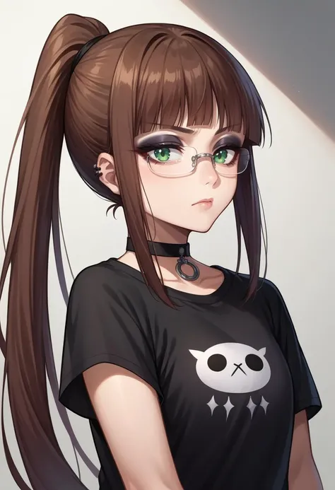 score_9, score_8_up, source_anime, 1girl, RuriMiyamoto, brown hair, bangs, very long hair, ponytail, green eyes, glasses, black shirt, t-shirt, black choker, goth, eyeliner, eyeshadow, <lora:ChamRuriMiyamotoPonyXL:1>