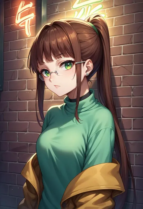 score_9, score_8_up, source_anime, 1girl, RuriMiyamoto, brown hair, bangs, very long hair, ponytail, green eyes, glasses, earrings, sharp eyes, choker, neon shirt, open jacket, turtleneck sweater, night, against wall, brick wall, graffiti, dim lighting, al...