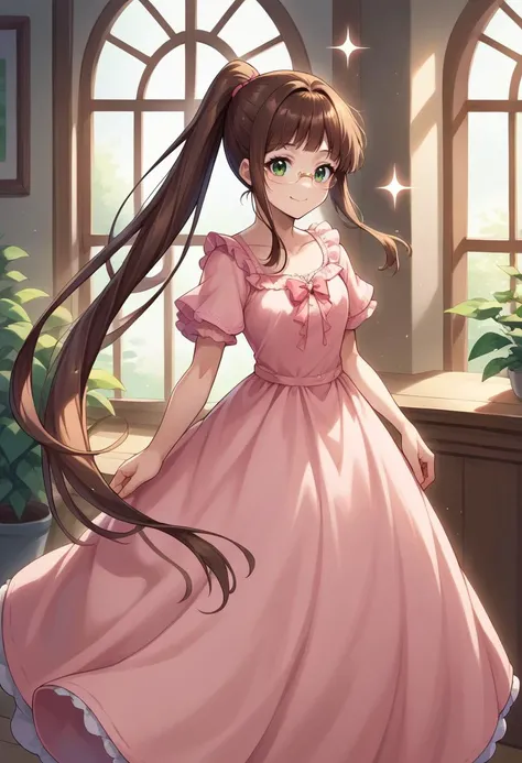 score_9, score_8_up, source_anime, 1girl, RuriMiyamoto, brown hair, bangs, very long hair, ponytail, green eyes, glasses, cute, long dress, pink dress, frills, bow, :d, sparkles, sparkling, smile, indoors, standing, <lora:ChamRuriMiyamotoPonyXL:1>