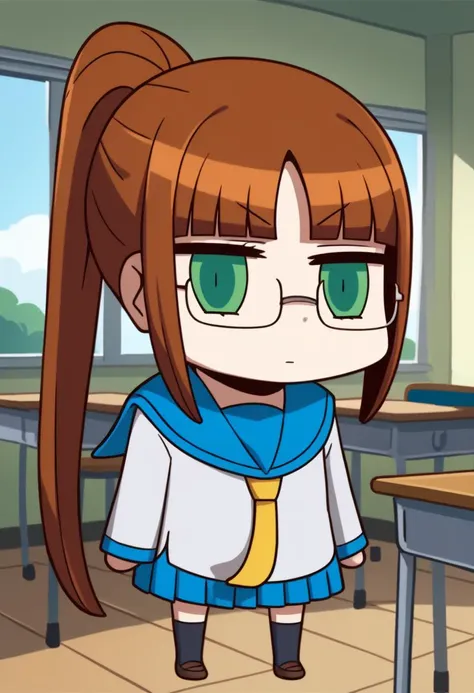 anime girl with ponytail and glasses in classroom with desks