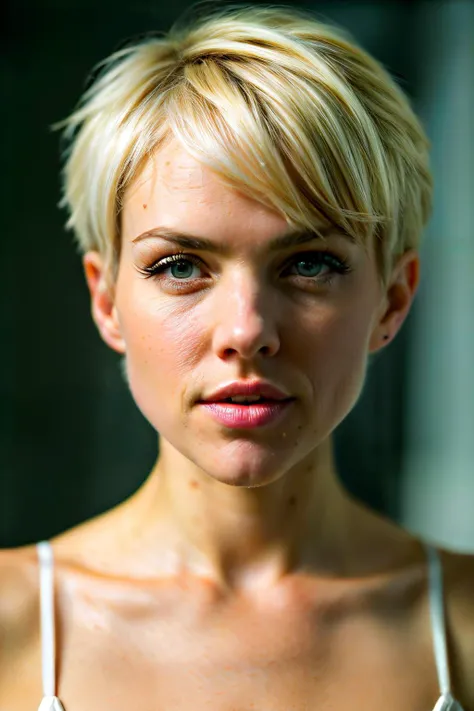 photoshoot of erinTich1, (blonde hair), (short hair cut), , detailed skin texture, (blush:0.2), (goosebumps:0.3), (light blue dress), subsurface scattering, Photorealistic, Hyperrealistic, Hyperdetailed, analog style, hip cocked, demure, detailed skin, mat...