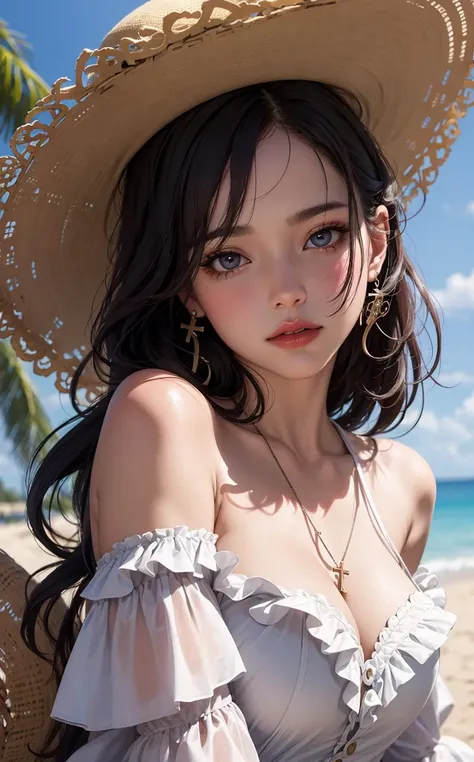 (masterpiece:1.4, best quality), (intricate details), unity 8k wallpaper, ultra detailed, beautiful and aesthetic, perfect lighting, (1girl), dynamic pose, dynamic angle,  lipstick, slim, slim body, medium breasts, (Ruffled_off-the-shoulder_dress:1.5),(Str...