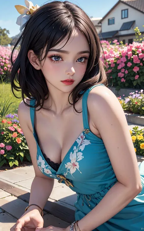 (masterpiece:1.4, best quality), (intricate details), unity 8k wallpaper, ultra detailed, beautiful and aesthetic, perfect lighting, (1girl), (blue hair, blue eyes, medium breasts),, dynamic pose, dynamic angle,  lipstick, slim, slim body, medium breasts, ...