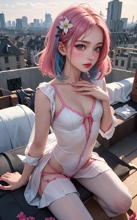 (masterpiece:1.4, best quality), (intricate details), unity 8k wallpaper, ultra detailed, beautiful and aesthetic, (photo)perfect lighting, (1girl),((multicolored hair, two-tone hair, pink hair, purple hair, green eyes:1.3, flat_chest)), dynamic pose, dyna...