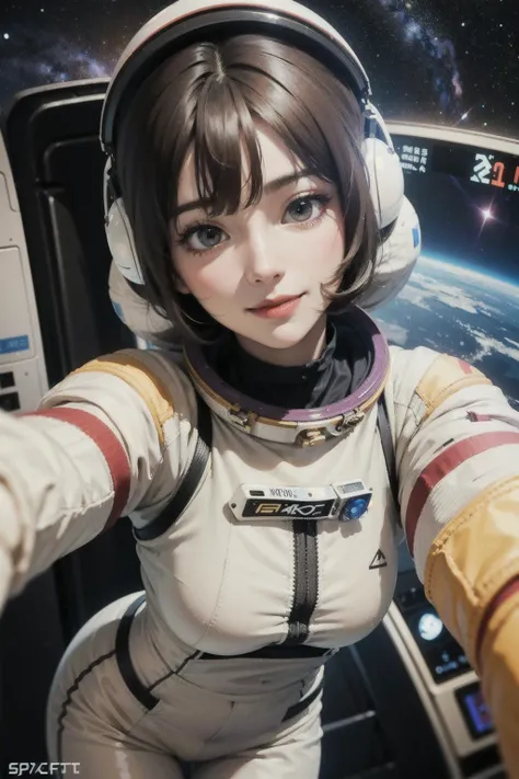 photograph, perspective,  1lovely girl, blash, greet, shy, smile, perfect body, dynamic angle, close-up, dynamic pose, (spacesuit:1.4), (spcaecraft:1.2), indoor, girl in spacecraft, female engineer, high technology, VR, modern, advanced technology, dim lig...