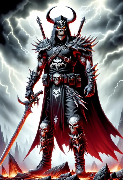 a man with a horned head and a sword stands in front of a lightning storm