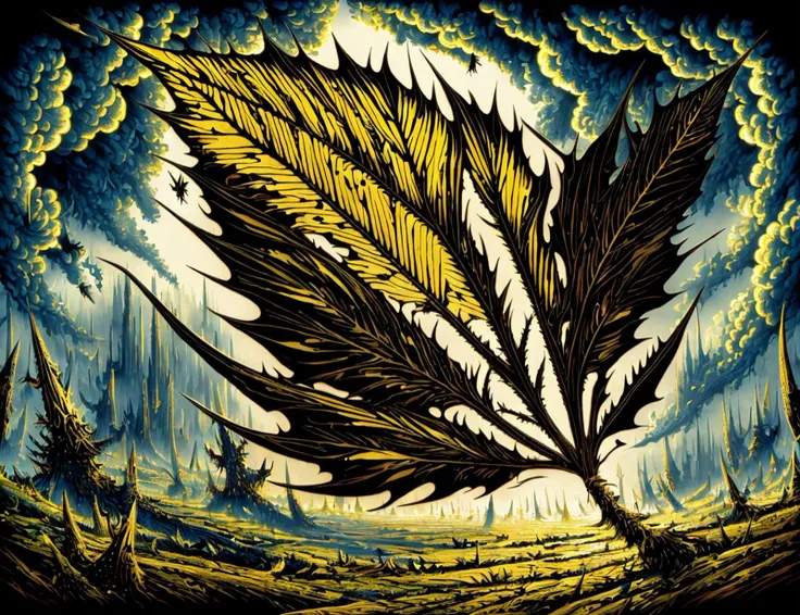 a painting of a leaf with a sky background