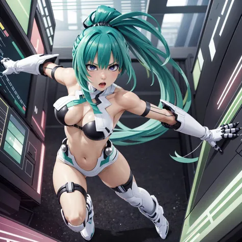 best quality, highly detailed, detailed background, full body, female, <lora:Vert_NepSer_SD15_15_0:1.0>, VertForm, VertArmorWhite, green hair, ponytail, attacking, dynamic pose, (cyberspace:1.1), futuristic, jungle