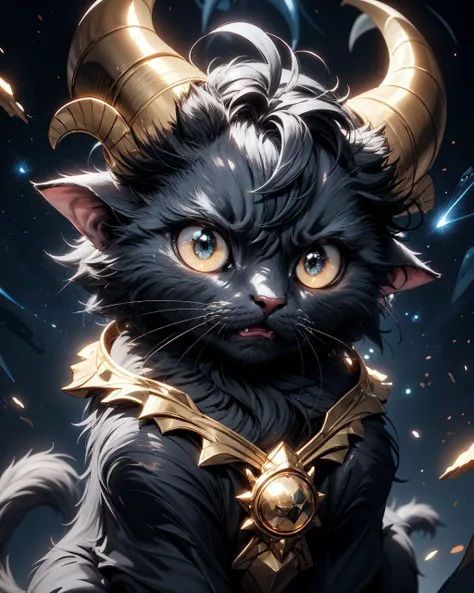 a close up of a cat with horns and a gold ring