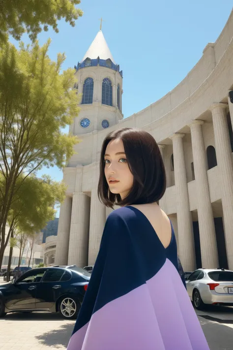 a woman standing in front of a building with a clock tower