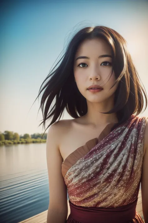 a close up of a woman in a dress near a body of water