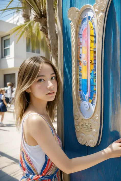 araffe girl in a dress leaning against a blue and white clock