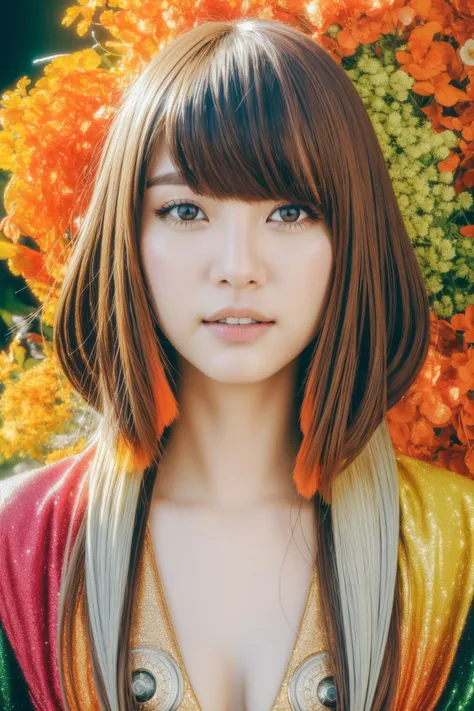 a woman with a colorful dress and a flower headband