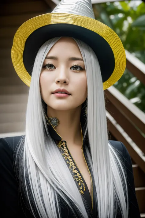 a woman with long white hair wearing a hat and a black jacket