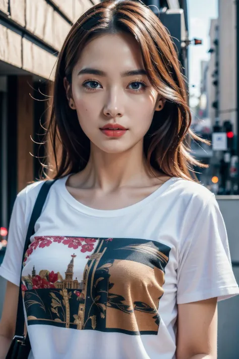 a woman with long hair wearing a white shirt and black bag