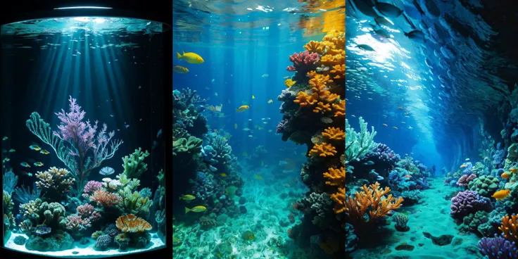 there are two pictures of a fish tank with a coral inside