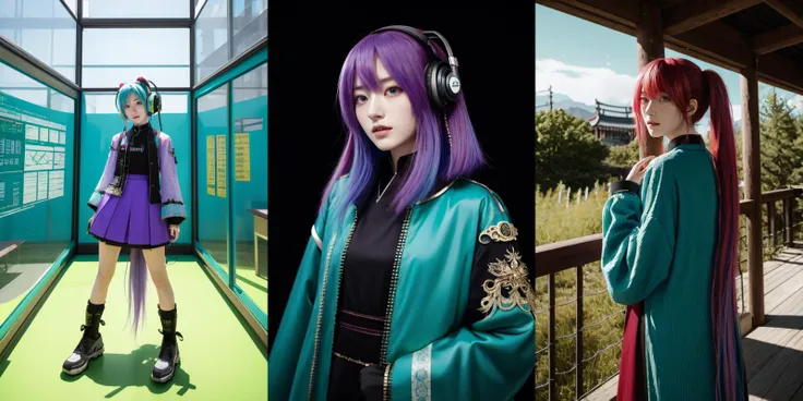 two photos of a woman with purple hair and headphones on